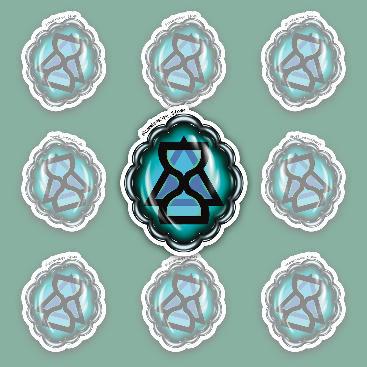 Teal oval medallion with a scalloped dark metallic-looking frame and a black hourglass overlapping a triangle, filled with blue, cyan and pale-green details.