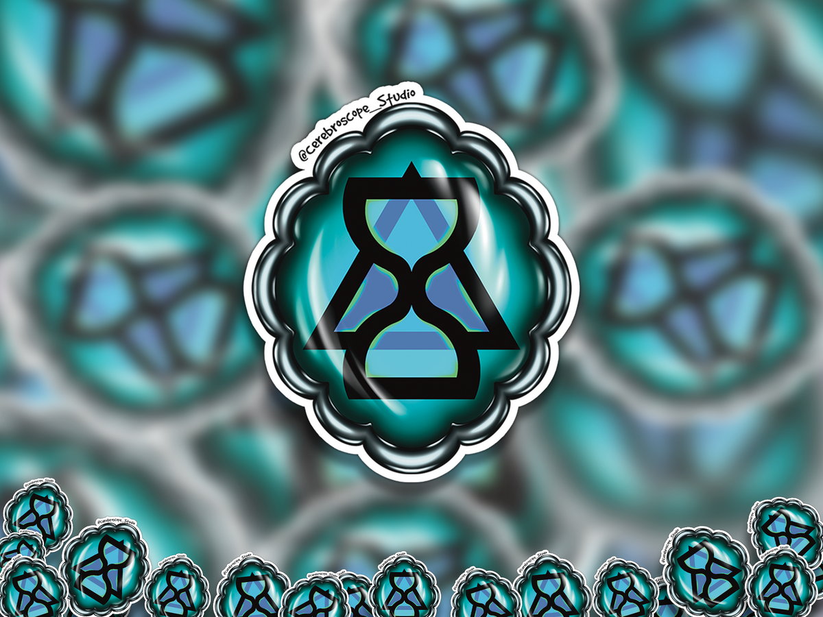 Alternate mockup 2: Teal oval medallion with a scalloped dark metallic-looking frame and a black hourglass overlapping a triangle, filled with blue, cyan and pale-green details.