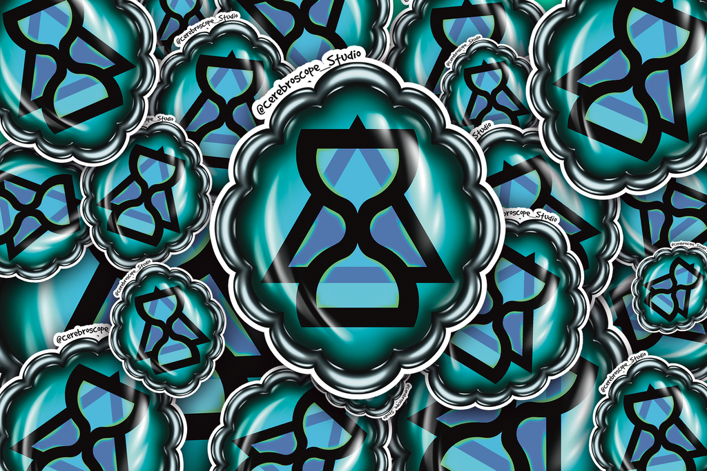 Alternate mockup 3: Teal oval medallion with a scalloped dark metallic-looking frame and a black hourglass overlapping a triangle, filled with blue, cyan and pale-green details.