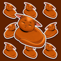 Rounded orange cat resting with closed eyes and tucked paws, its long tail curled around the front, with pink inner ears and a small pink nose.