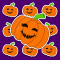 Bright orange ribbed pumpkin with black curved eyes, small lash-like details, a wide jagged smile, a bent green stem and pale surface speckling.