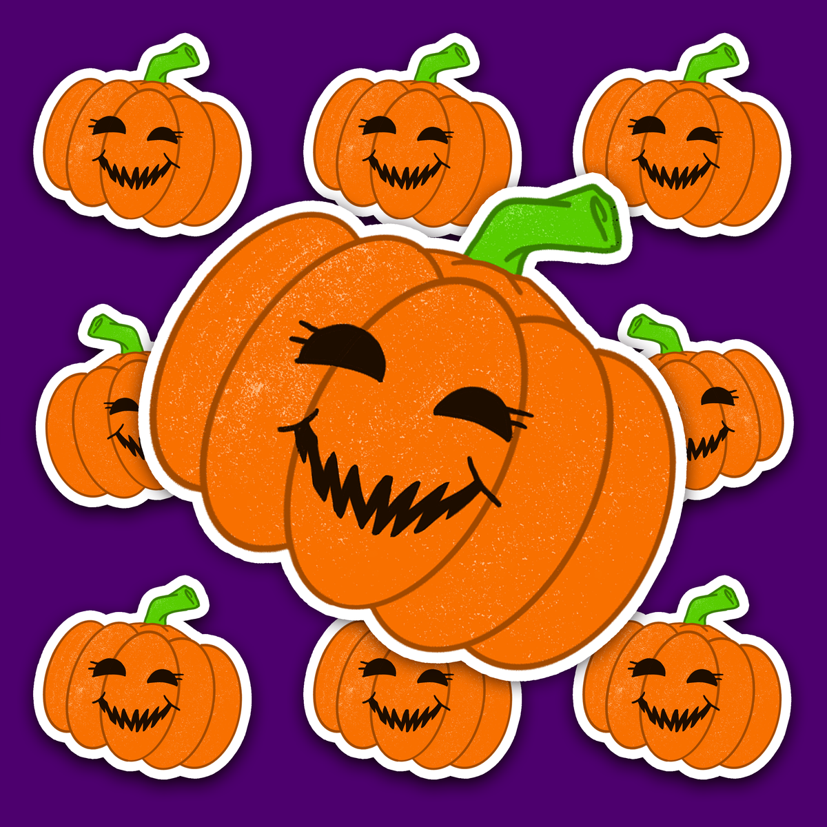 Bright orange ribbed pumpkin with black curved eyes, small lash-like details, a wide jagged smile, a bent green stem and pale surface speckling.