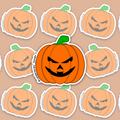 Orange ribbed pumpkin with a green stem, sharply slanted black eyes, an angular black nose and a broad curved grin with a central tooth-like detail.
