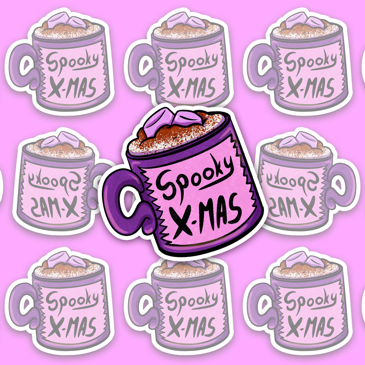 Purple mug with a curled handle and pink panel reading Spooky X-MAS, filled with a pale topping, brown sprinkles and two lilac marshmallow-like pieces.