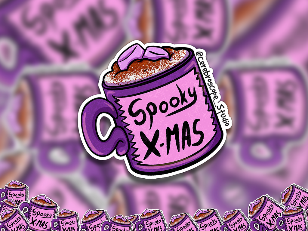 Alternate mockup 2: Purple mug with a curled handle and pink panel reading Spooky X-MAS, filled with a pale topping, brown sprinkles and two lilac marshmallow-like pieces.