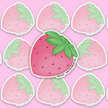 Rounded pink strawberry with small dark-red seed-like marks, soft textured shading and a green leafy crown angled across the top.