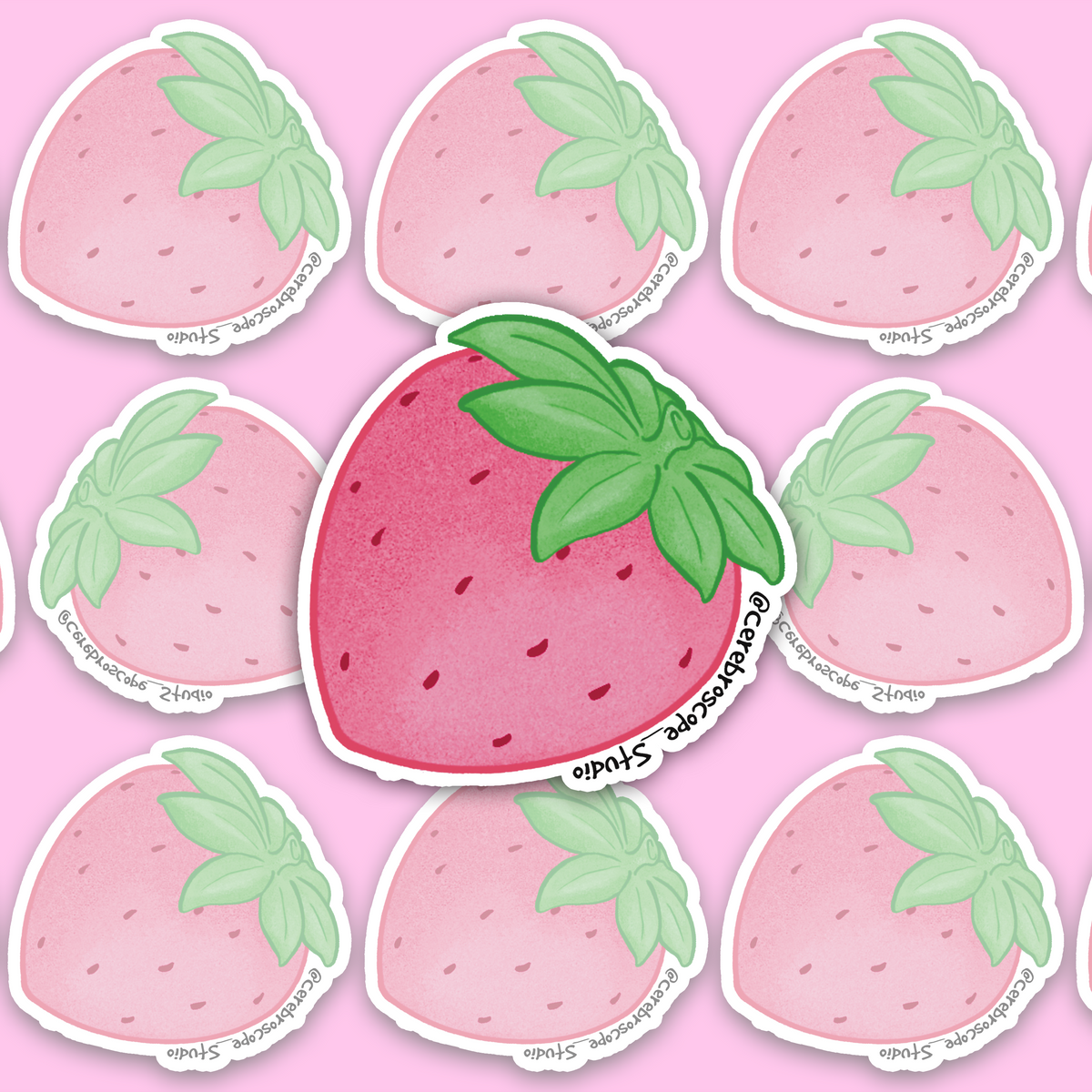 Rounded pink strawberry with small dark-red seed-like marks, soft textured shading and a green leafy crown angled across the top.