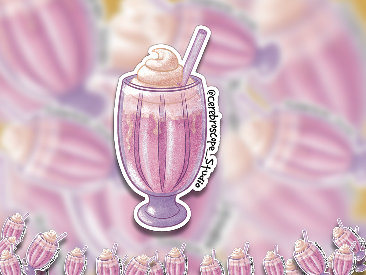 Alternate mockup 2: Pink strawberry milkshake in a tall fluted pedestal glass, topped with a pale cream swirl and an angled lilac straw, with a white sticker border.