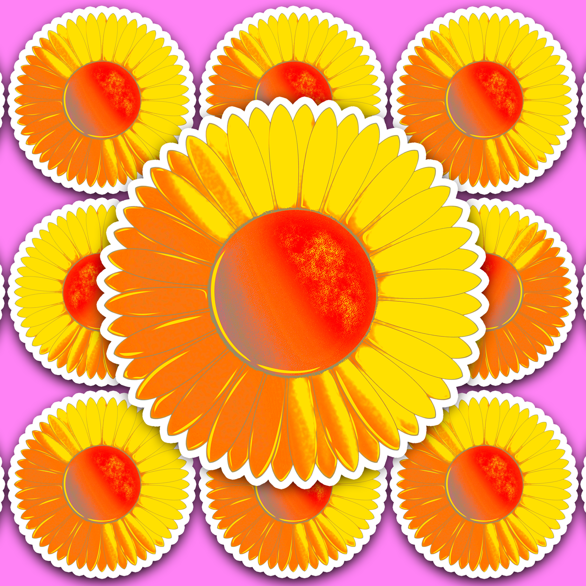 Front-facing sunflower head with long yellow petals, orange shading on the left and lower petals, and a speckled orange-red centre, outlined by a white border.