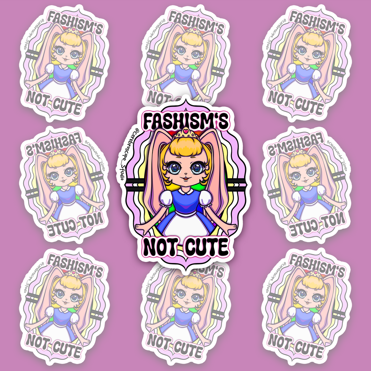 Crowned blonde character with long pink bunny ears and a blue-and-white dress, surrounded by colourful wavy bands and the text “FASHISM’S NOT CUTE.”