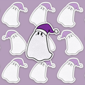 White ghost with two black oval eyes, small cheek marks and a wavy lower edge, wearing a purple Santa hat with a white band and pom-pom.