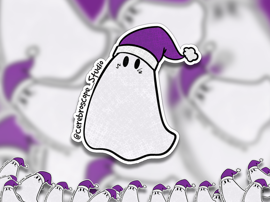Alternate mockup 2: White ghost with two black oval eyes, small cheek marks and a wavy lower edge, wearing a purple Santa hat with a white band and pom-pom.