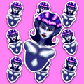 Nude vampire bust with blue-violet skin, pointed ears, red eyes, small fangs and curled dark purple hair with bright magenta highlights, within a white border.