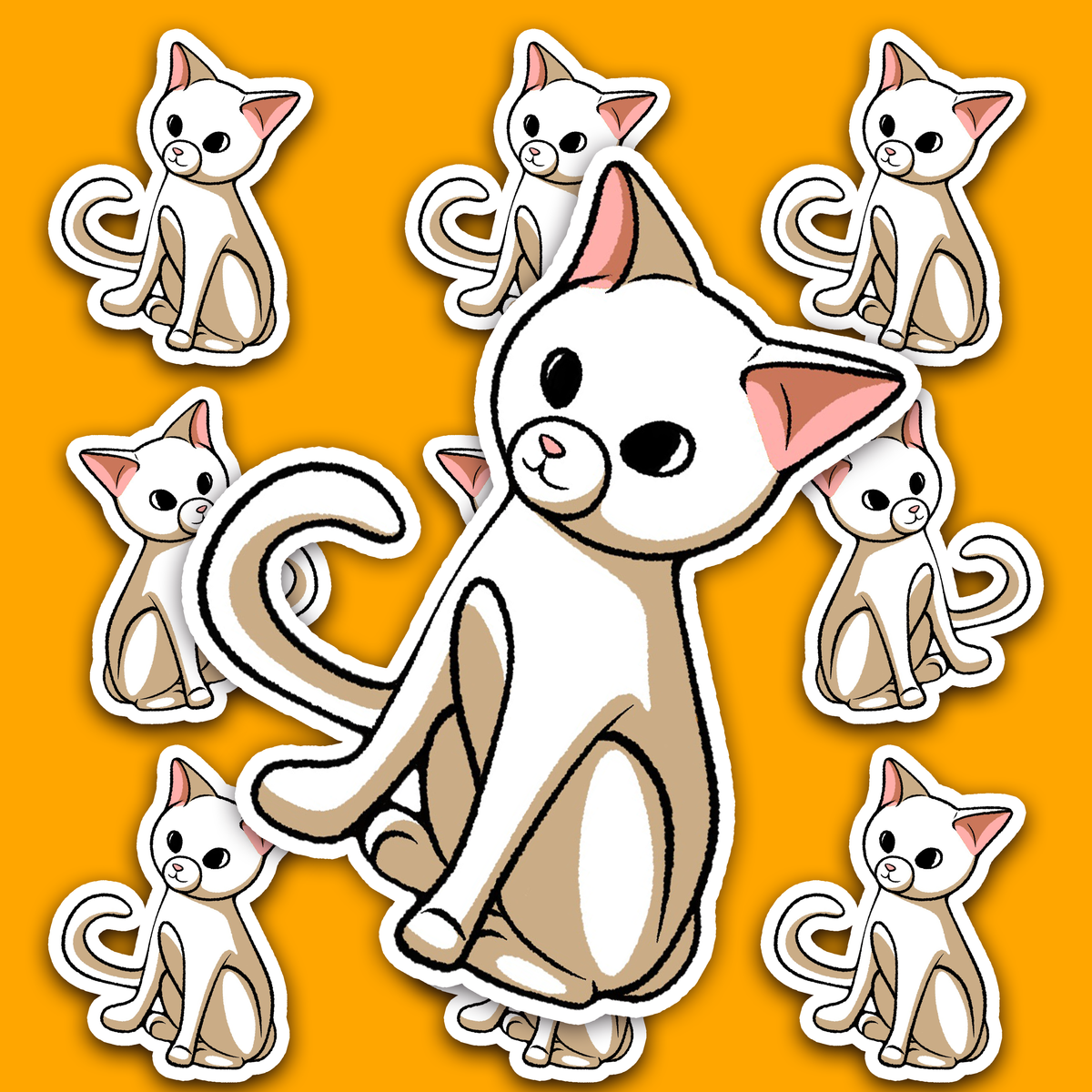 Seated white cat with beige shading, large black eyes, pink inner ears and nose, a tilted head and a long upward-curled tail, outlined in black with a white border.