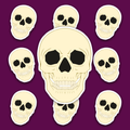 Front-facing cream-coloured skull with black eye sockets and nasal opening, beige contour lines, visible upper and lower teeth, and a white sticker border.