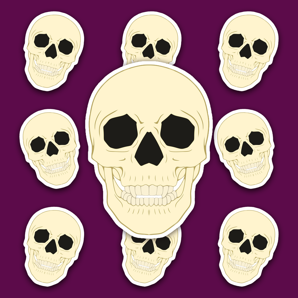 Front-facing cream-coloured skull with black eye sockets and nasal opening, beige contour lines, visible upper and lower teeth, and a white sticker border.