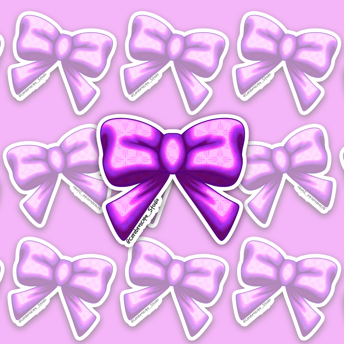 Bright pink ribbon bow with two rounded loops, an oval centre knot, two hanging tails, purple fold shading and a repeating starburst pattern within a white border.