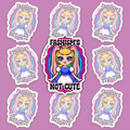 Crowned blonde character with pink bunny ears and a blue-and-white dress, framed by wavy pink, purple and cyan bands and the text “FASHISM’S NOT CUTE.”