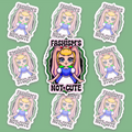 Crowned blonde character with pink bunny ears and a blue-and-white dress, surrounded by wavy green, white, grey and black bands and “FASHISM’S NOT CUTE” lettering.