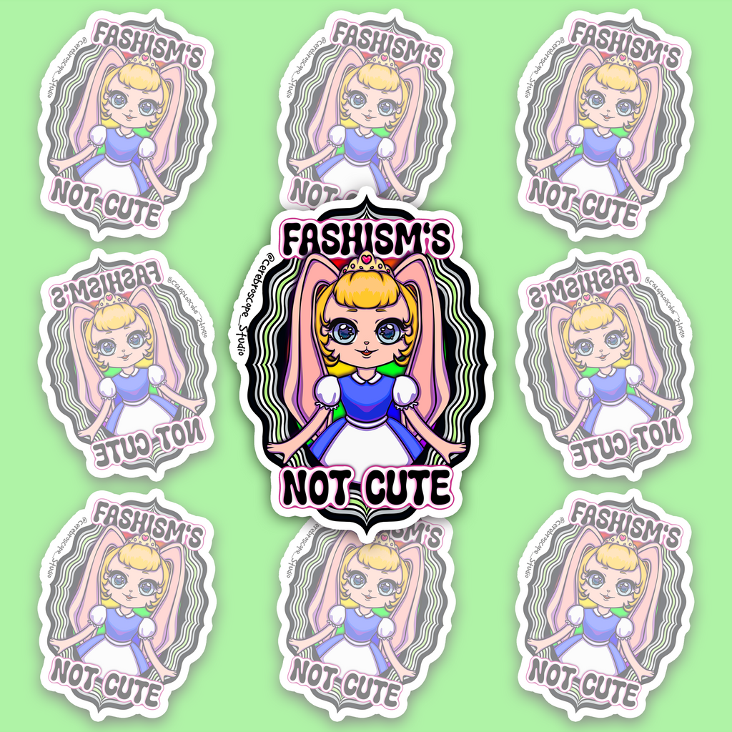 Agender Pride character sticker with Fascism’s Not Cute text