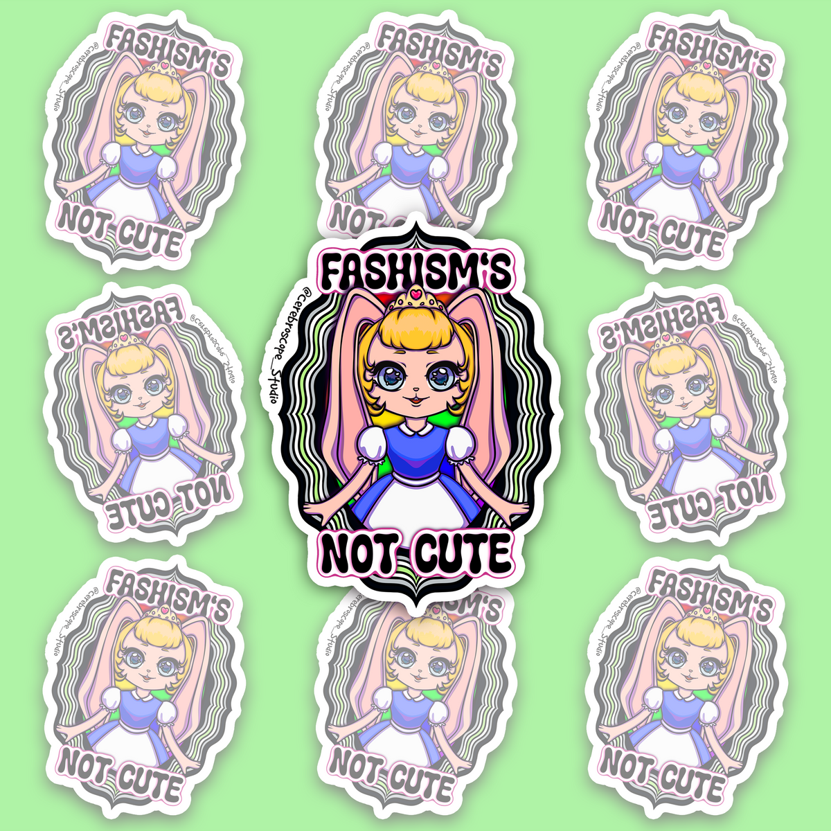 Agender Pride character sticker with Fascism’s Not Cute text