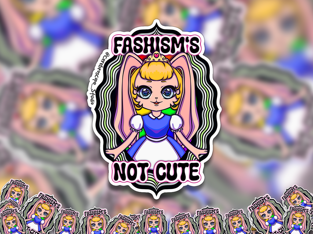 Alternate mockup 2: Agender Pride character sticker with Fascism’s Not Cute text