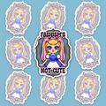 Crowned blonde character with long pink bunny ears and a blue-and-white dress, framed by wavy black, grey, white and light blue bands and “FASHISM’S NOT CUTE.”
