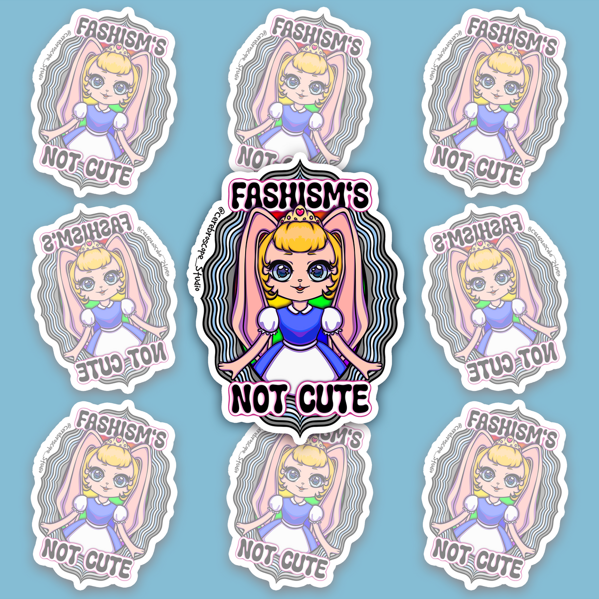 Crowned blonde character with long pink bunny ears and a blue-and-white dress, framed by wavy black, grey, white and light blue bands and “FASHISM’S NOT CUTE.”