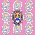 Crowned blonde character with long pink bunny ears and a blue-and-white dress, framed by wavy black, grey, white and pale pink bands and “FASHISM’S NOT CUTE.”