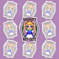 Crowned blonde character with pink bunny ears and a blue-and-white dress, surrounded by wavy lavender, white and green bands and “FASHISM’S NOT CUTE” lettering.