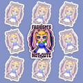 Crowned blonde character with pink bunny ears and a blue-and-white dress, framed by wavy pink, white, purple, black and blue bands and “FASHISM’S NOT CUTE.”