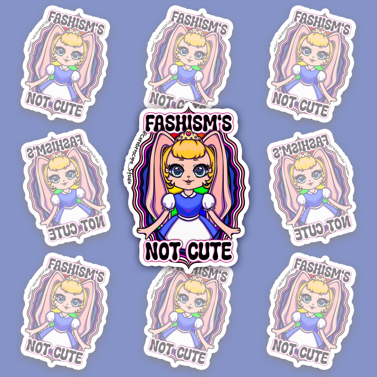 Crowned blonde character with pink bunny ears and a blue-and-white dress, framed by wavy pink, white, purple, black and blue bands and “FASHISM’S NOT CUTE.”