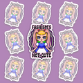Crowned blonde character with pink bunny ears and a blue-and-white dress, framed by wavy purple, grey and white bands outlined in black and “FASHISM’S NOT CUTE.”