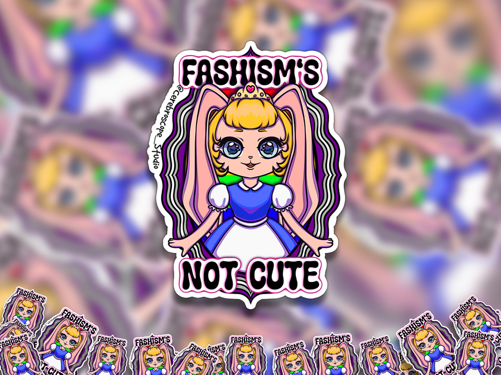 Alternate mockup 2: Crowned blonde character with pink bunny ears and a blue-and-white dress, framed by wavy purple, grey and white bands outlined in black and “FASHISM’S NOT CUTE.”