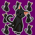 Cute sitting black cat with large glossy eyes, pink ears and a curled tail.
