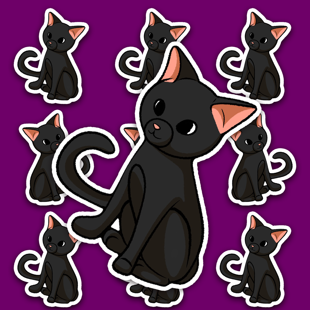 Cute sitting black cat with large glossy eyes, pink ears and a curled tail.