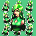 Green-haired cyberpunk woman in a green and black futuristic outfit.