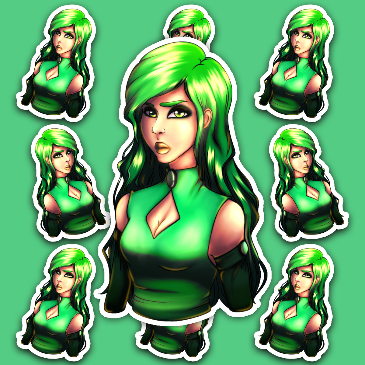 Green-haired cyberpunk woman in a green and black futuristic outfit.