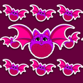 Round fluffy purple bat with bright pink wings and large black eyes.