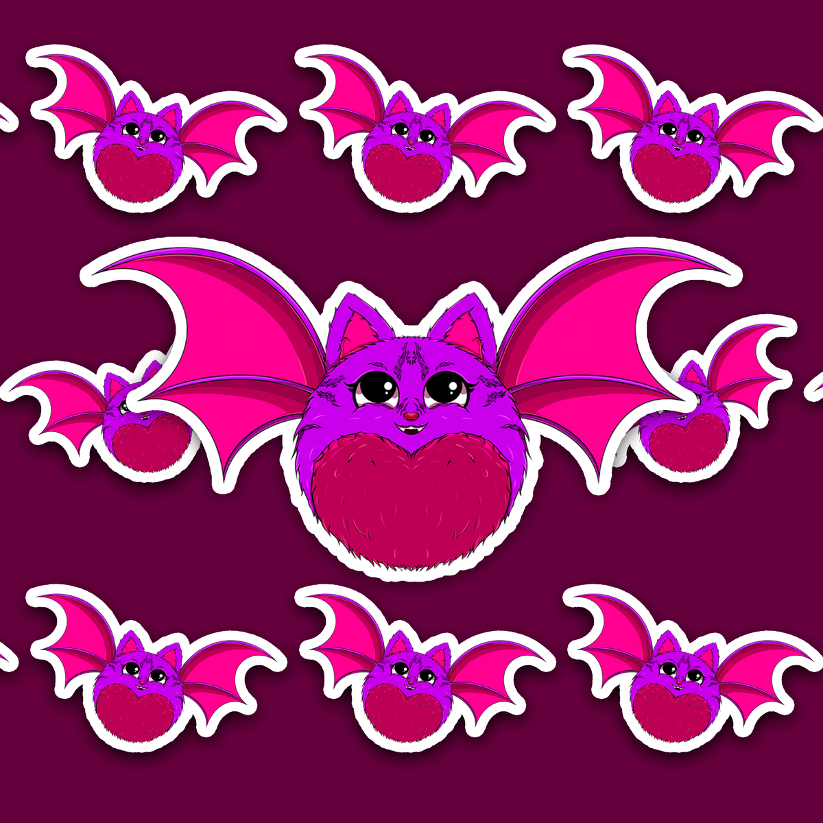 Round fluffy purple bat with bright pink wings and large black eyes.