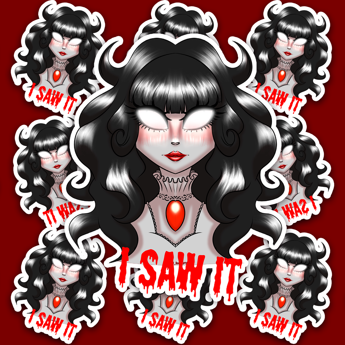 Gothic woman with black hair, glowing white eyes, red pendant and red I SAW IT lettering.