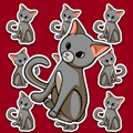 Cute sitting grey cat sticker with big black eyes and curled tail.