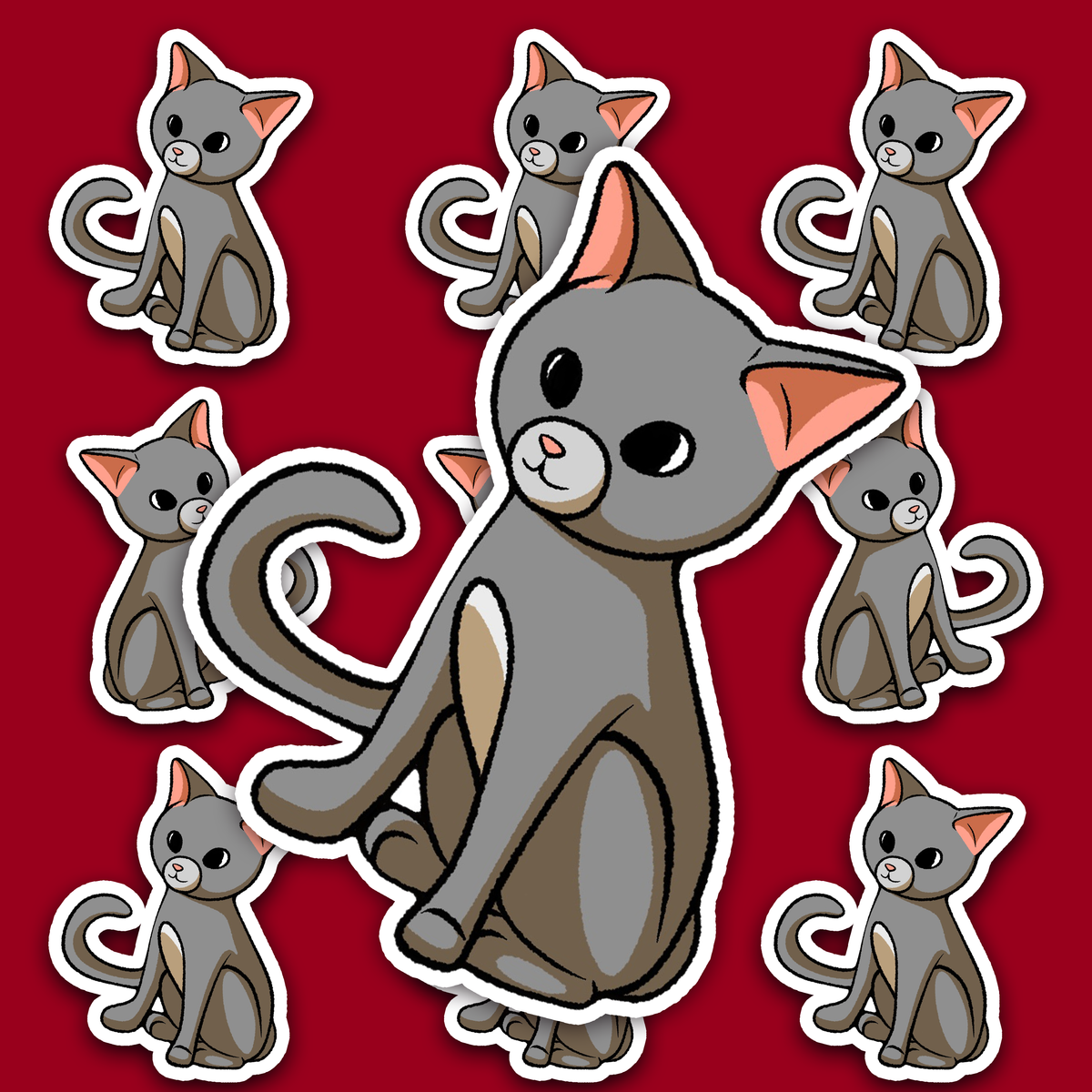 Cute sitting grey cat sticker with big black eyes and curled tail.