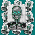Monochrome human skeleton with turquoise outlines and patterned turquoise eye sockets.
