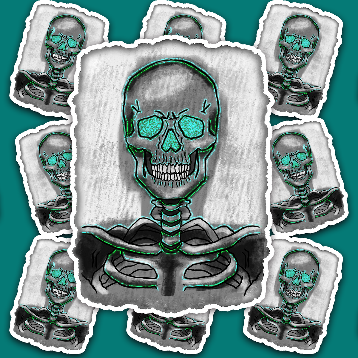 Monochrome human skeleton with turquoise outlines and patterned turquoise eye sockets.