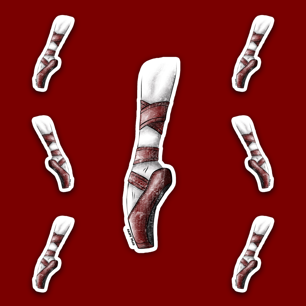 Gothic ballet leg en pointe with dark red shoe and ribbons.