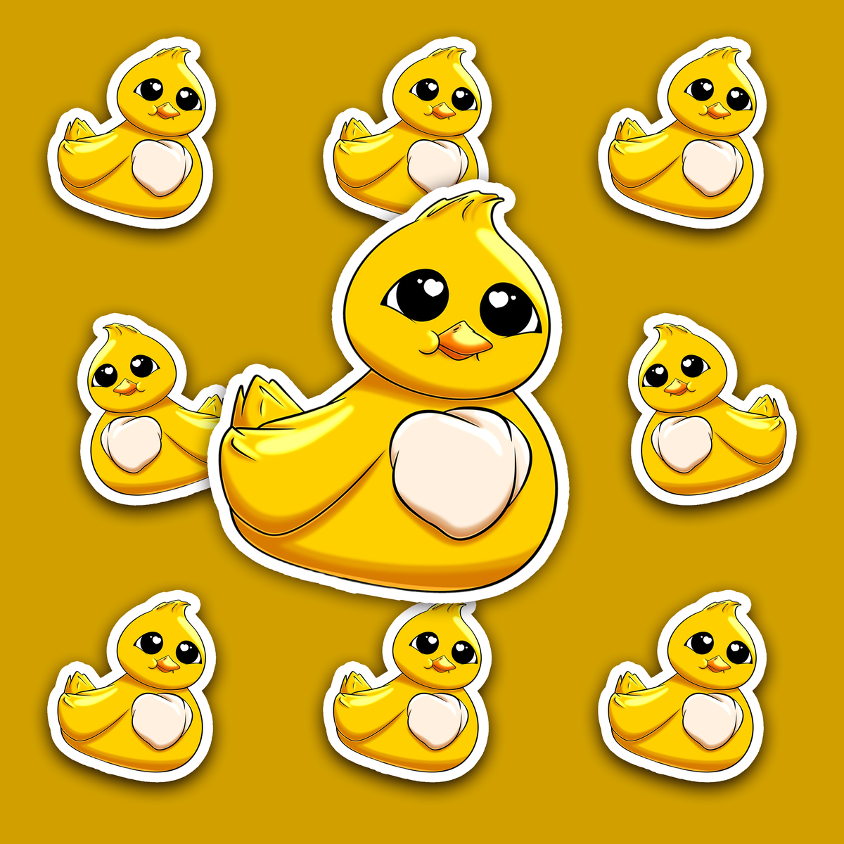 Cute round yellow duckling sticker with large black eyes and orange bill.