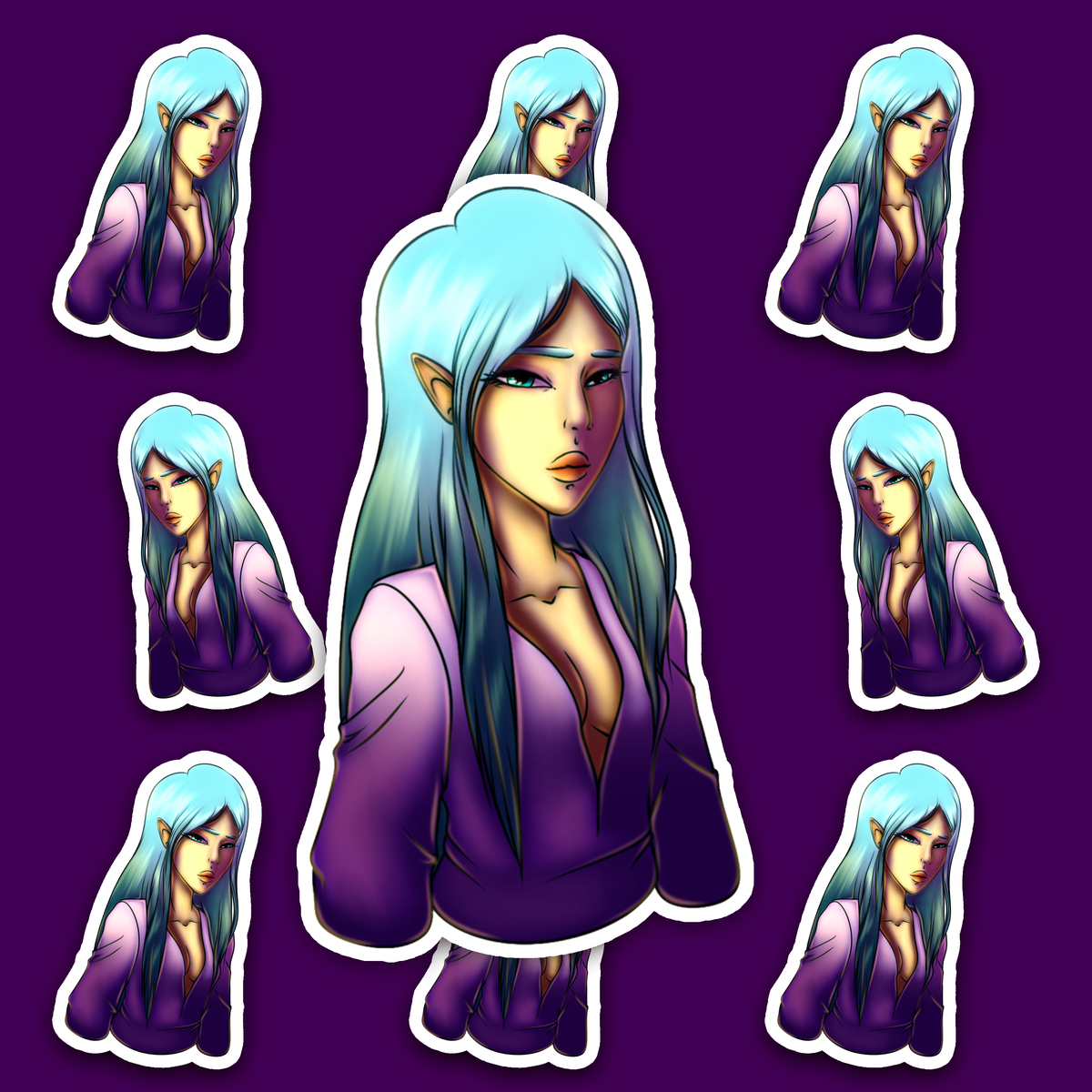 Modern fantasy elf character with long blue hair and pointed ears.