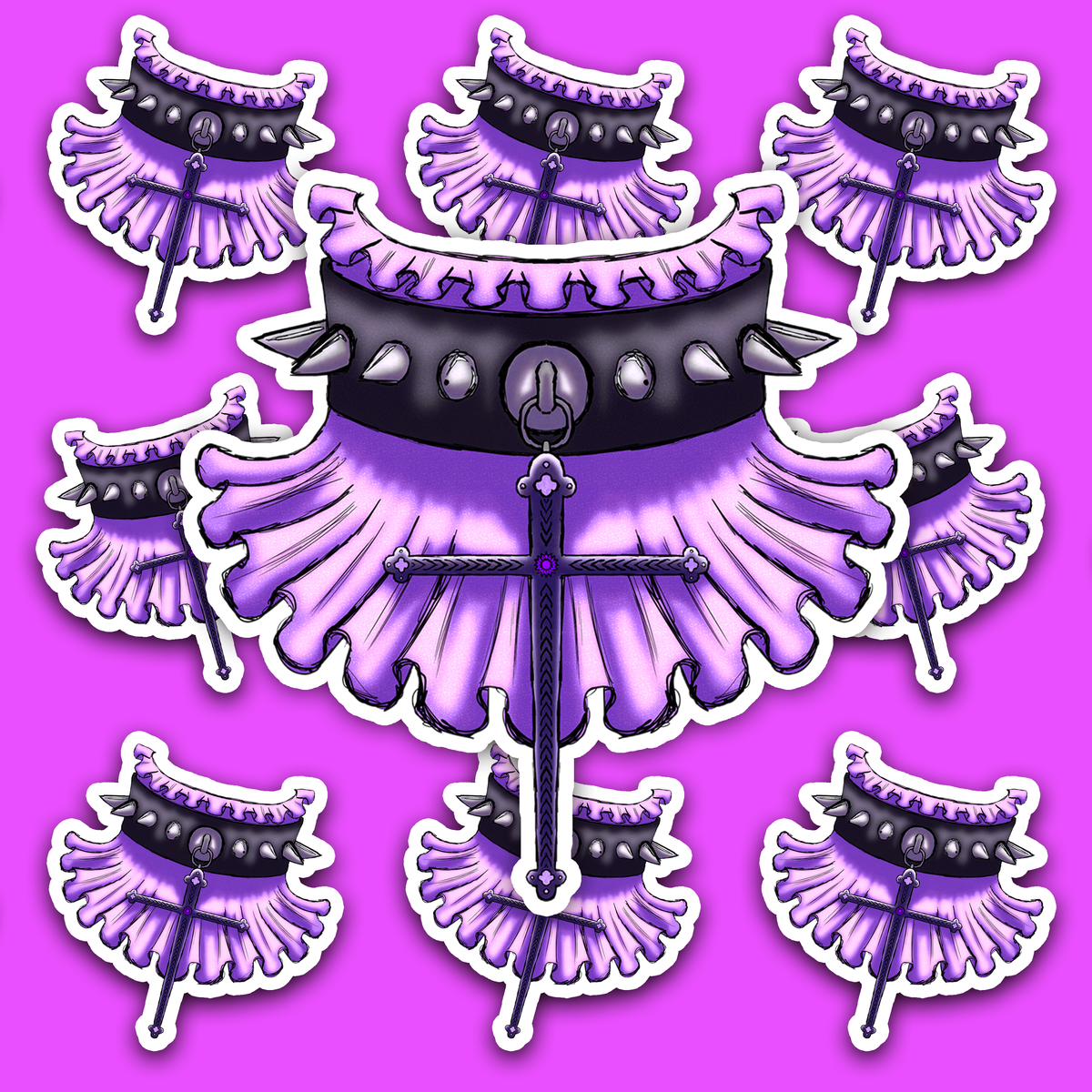 Purple pastel goth choker sticker with black spikes and ornate cross.