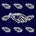 Pale purple gothic hand with long black fingers and a dark circular marking.